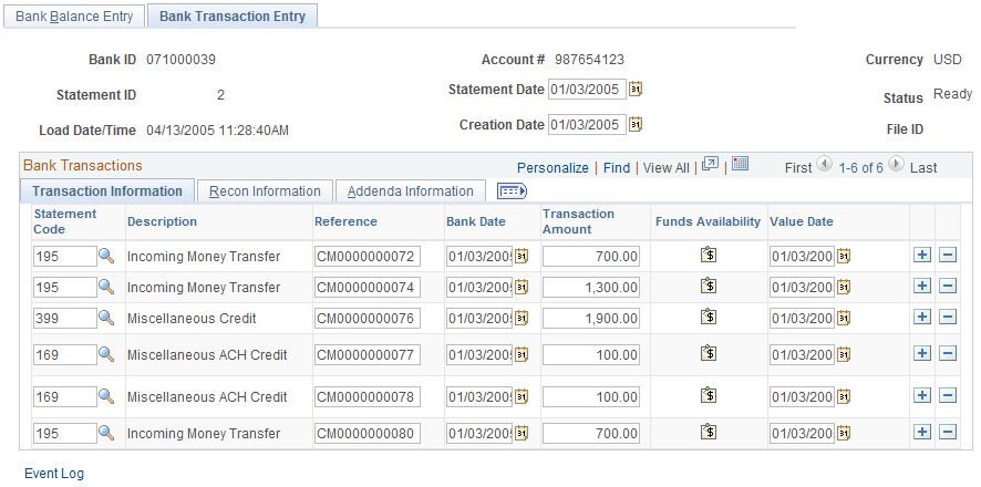 Bank Transaction Entry page