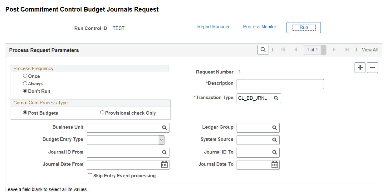 Post Commitment Control Budget Journals Request page