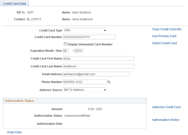 Credit Card Data page in Order Management, using the traditional credit card model