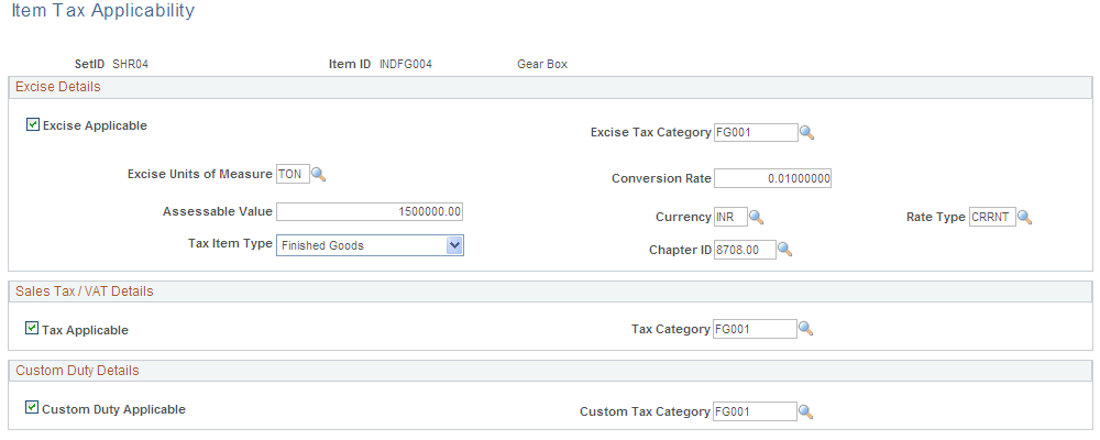 Item Tax Applicability page