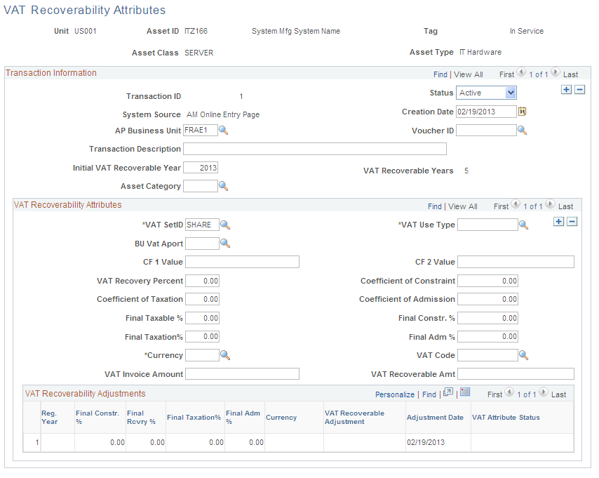VAT Recoverability Attributes page