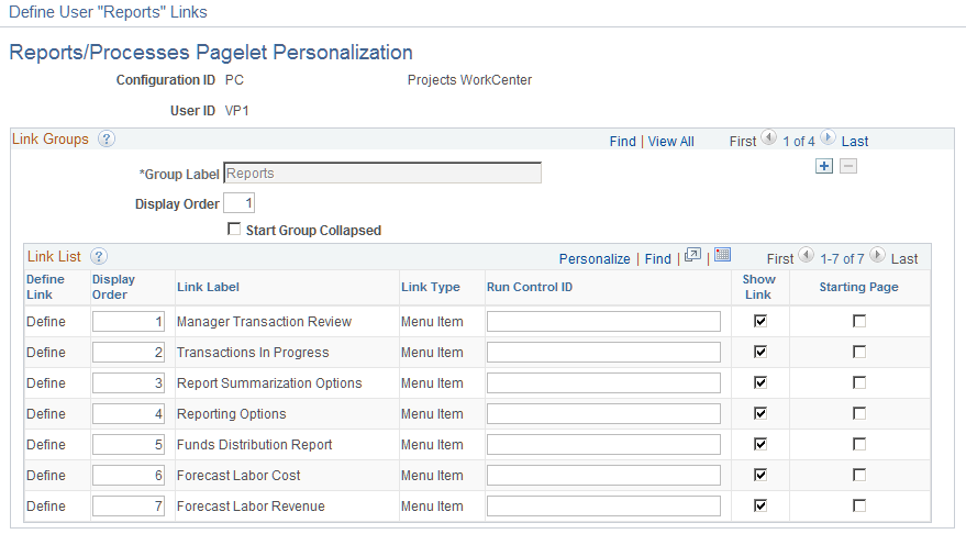 Define User Reports Links - Reports Processes Pagelet Personalization page