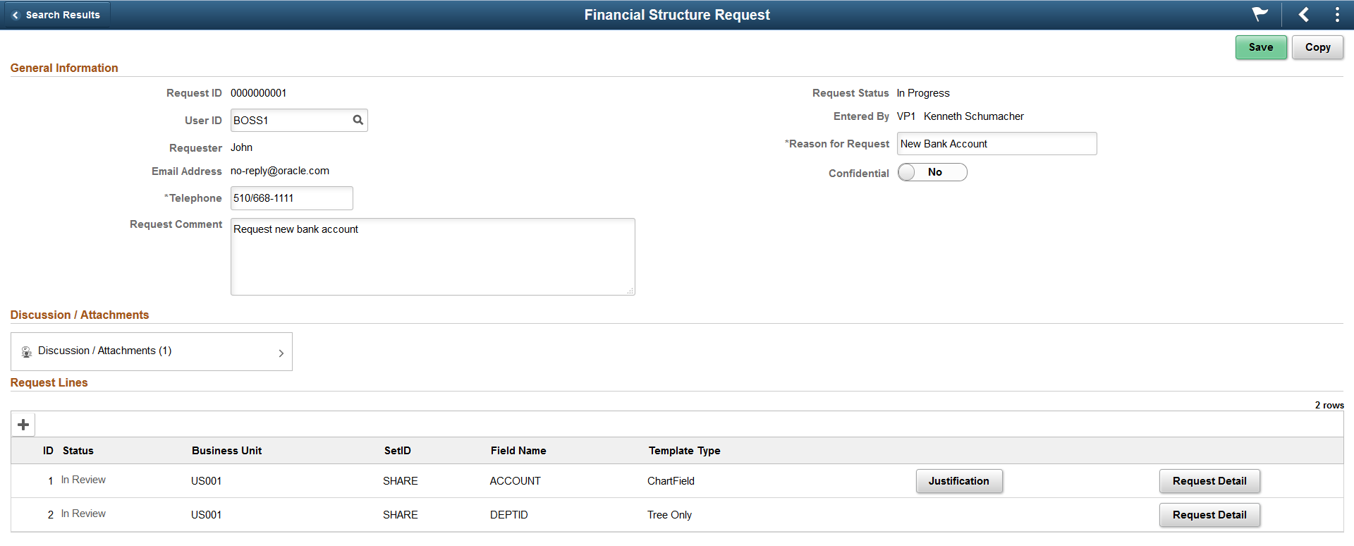 Financial Structure Request page