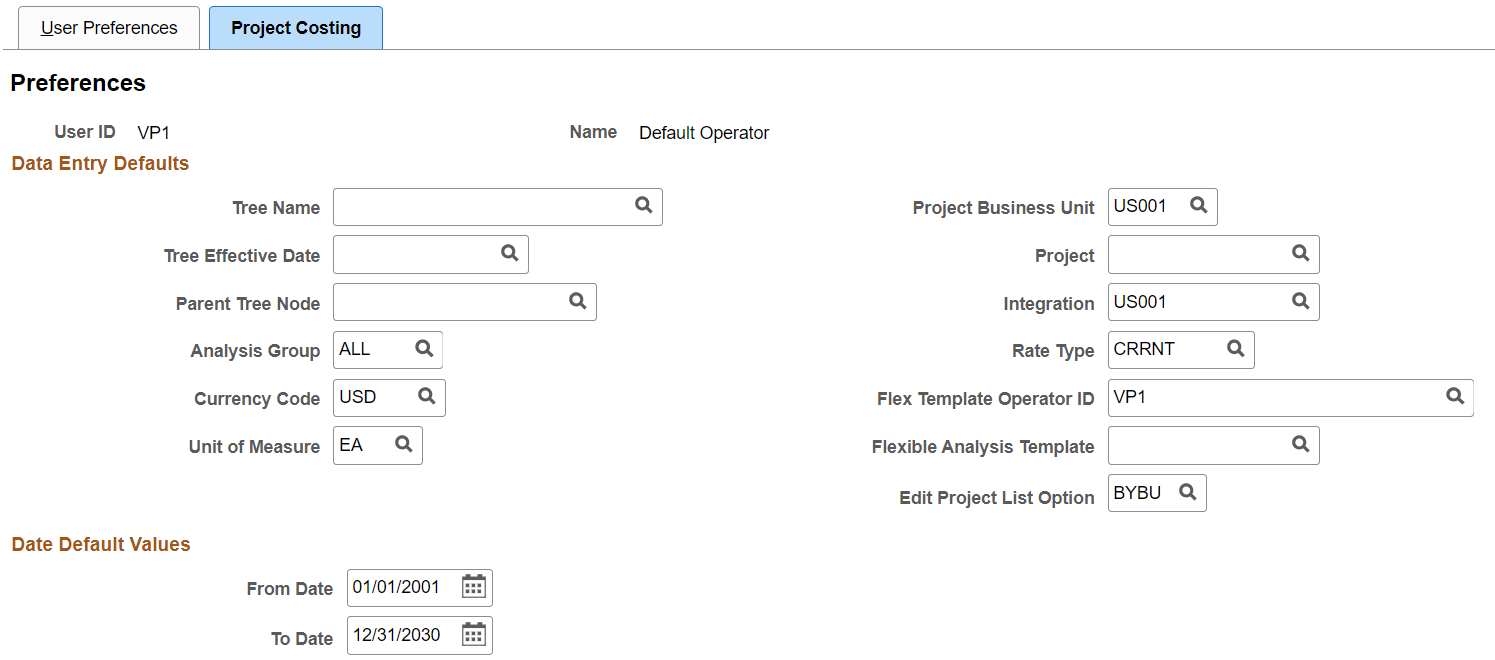 User Preferences - Project Costing page (1 of 2)