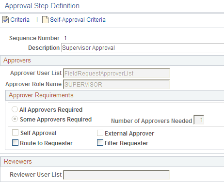 Approval Step Definition page - Sequence Number 1