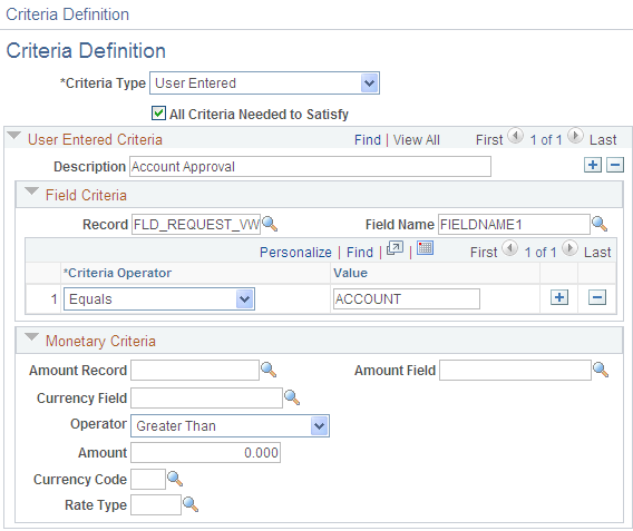 Criteria Definition - Account Approval page