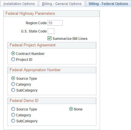 Billing-Federal Options page