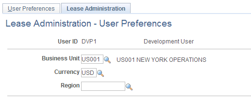 Lease Administration - User Preferences page