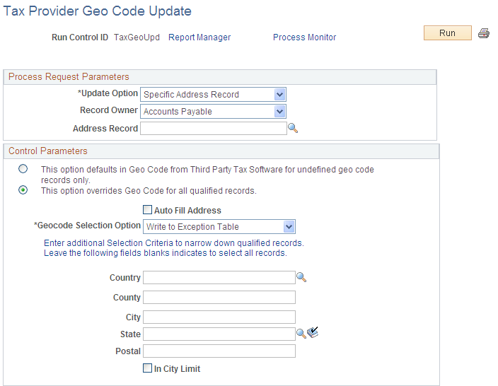 Tax Provider Geo Code Update page