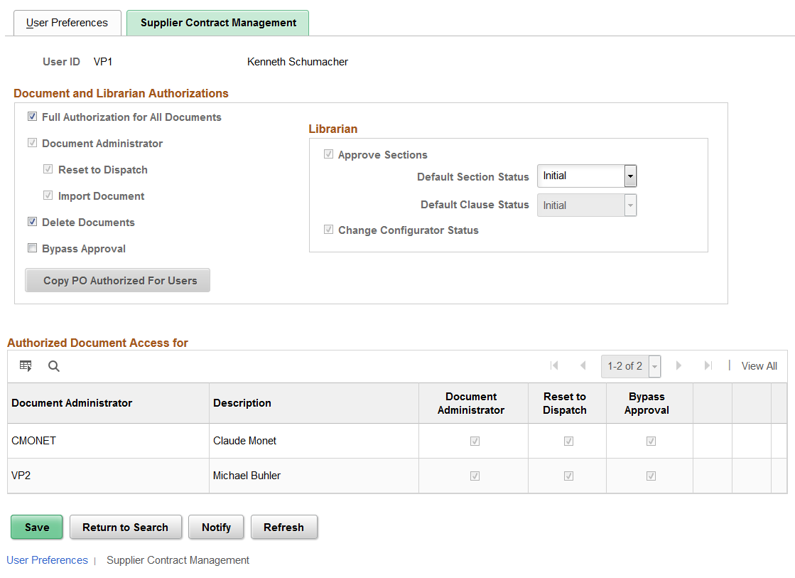 User Preferences - Supplier Contract Management page