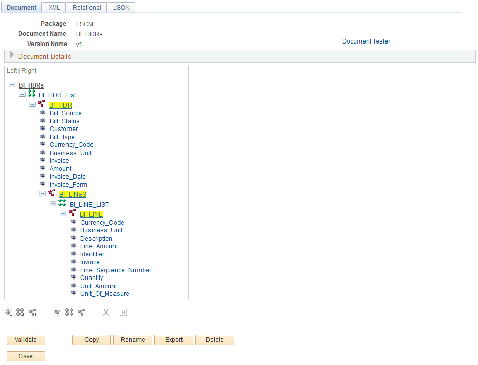 Document Builder - Document page, example of XML-formatted PeopleSoft document