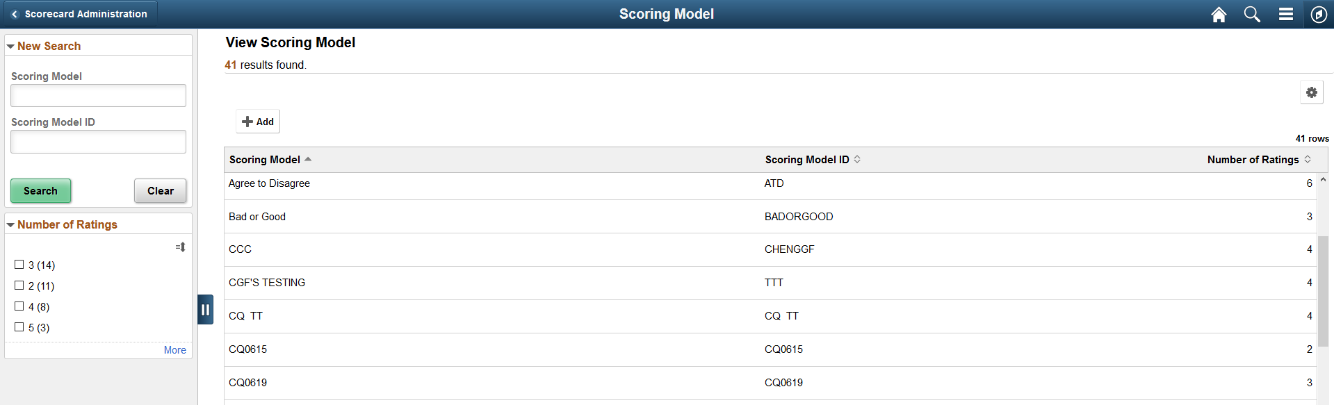 Scoring Models Search Page