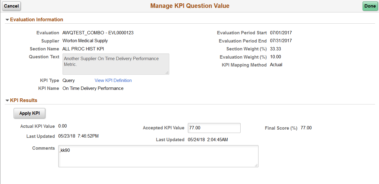 Manage KPI Question Value page