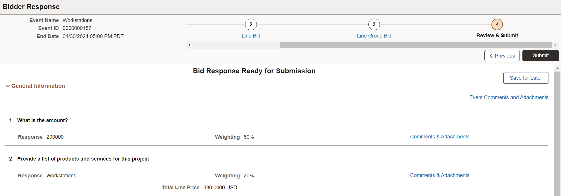 &RFX Bidder Response - Review & Submit page (1 of 2)