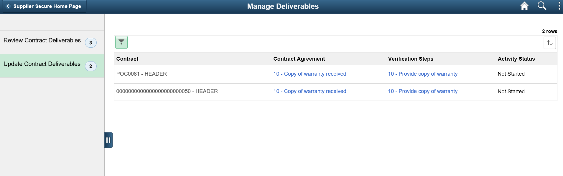 Manage Deliverables Update Contract Deliverables page
