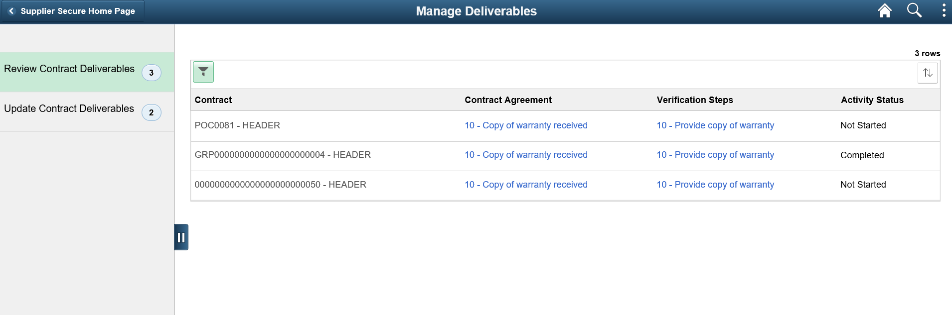 Manage Deliverables Review Contract Deliverables page