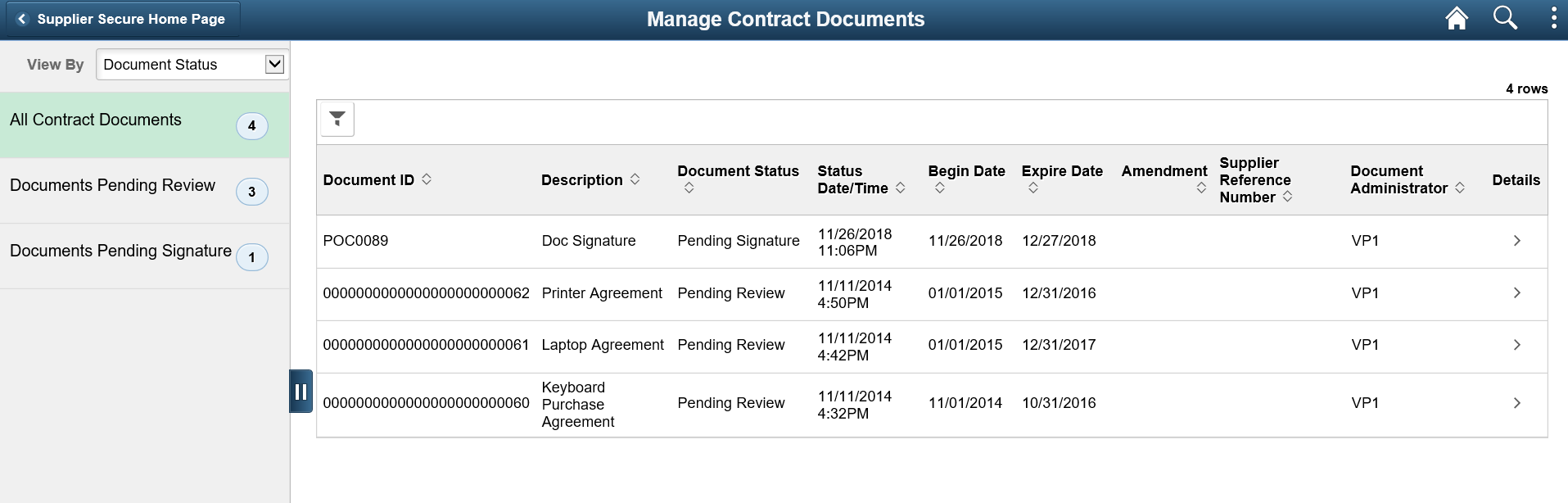 Manage Contract Documents page
