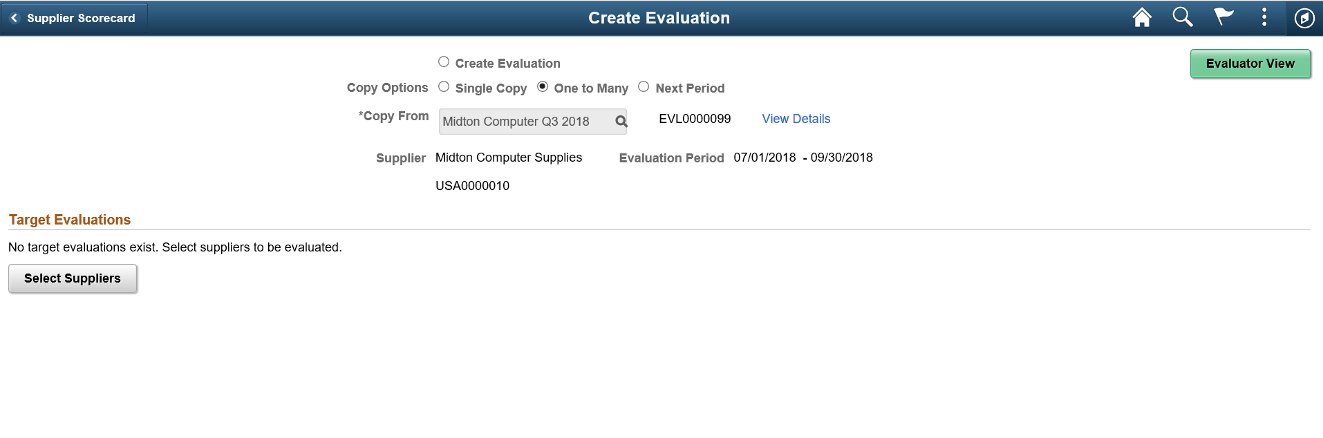 Create Evaluation page - One to Many Option (page 1 of 2)
