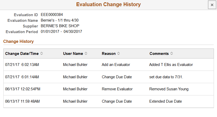 Evaluation Change History page