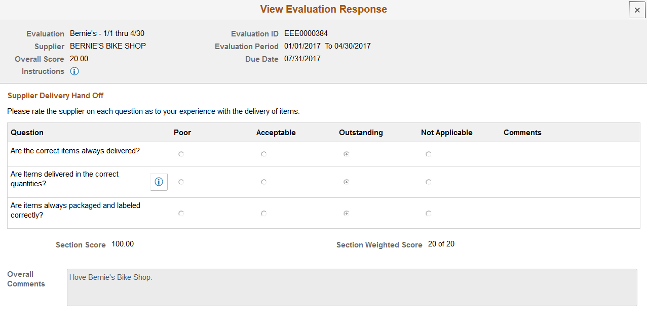 View Evaluation Response page