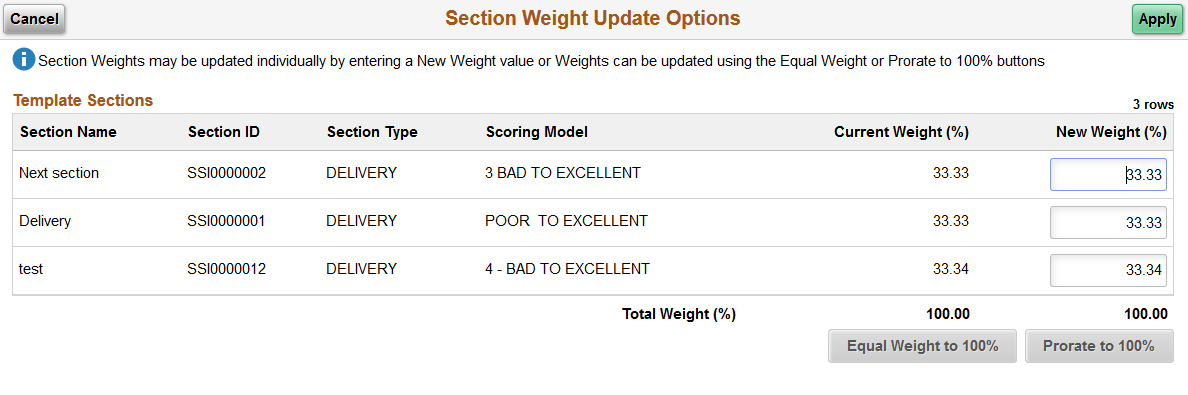 Section Weight Update Options page
