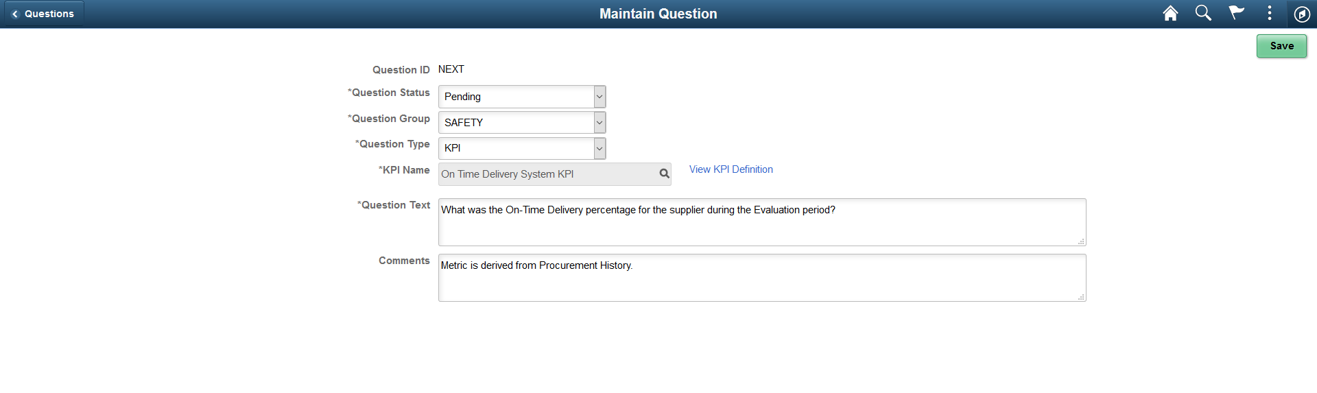 Maintain Question page