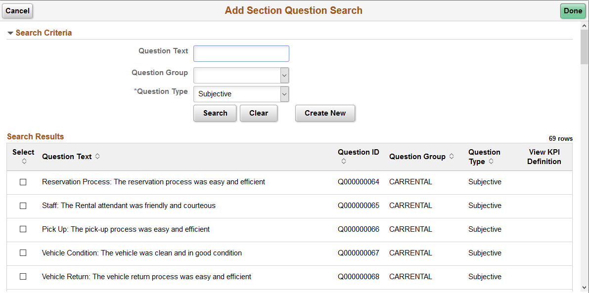 Add Section Question Search page