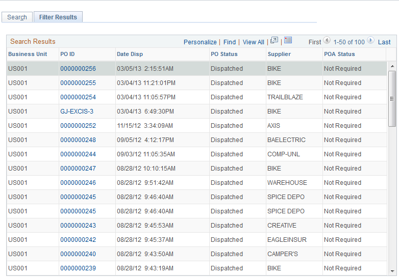 Filter Results page (dispatched purchase orders)