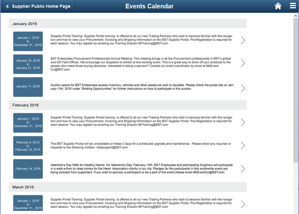 Events Calendar page