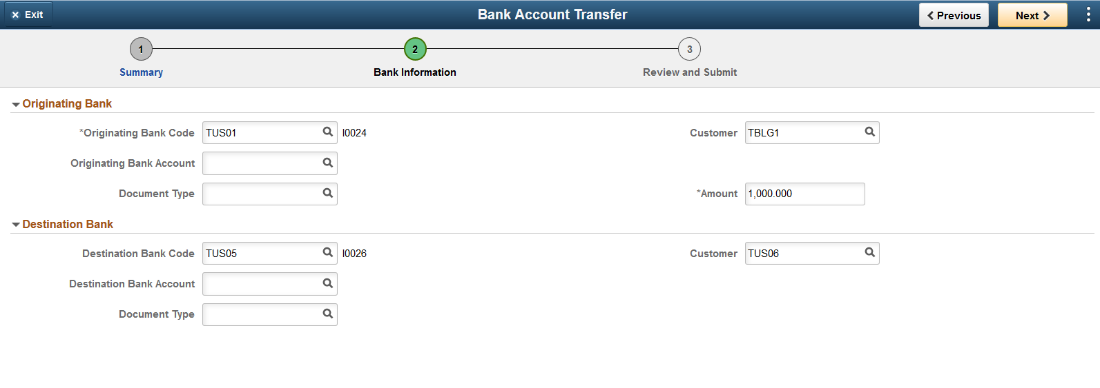Internal Bank Account Transfer Bank Information Page