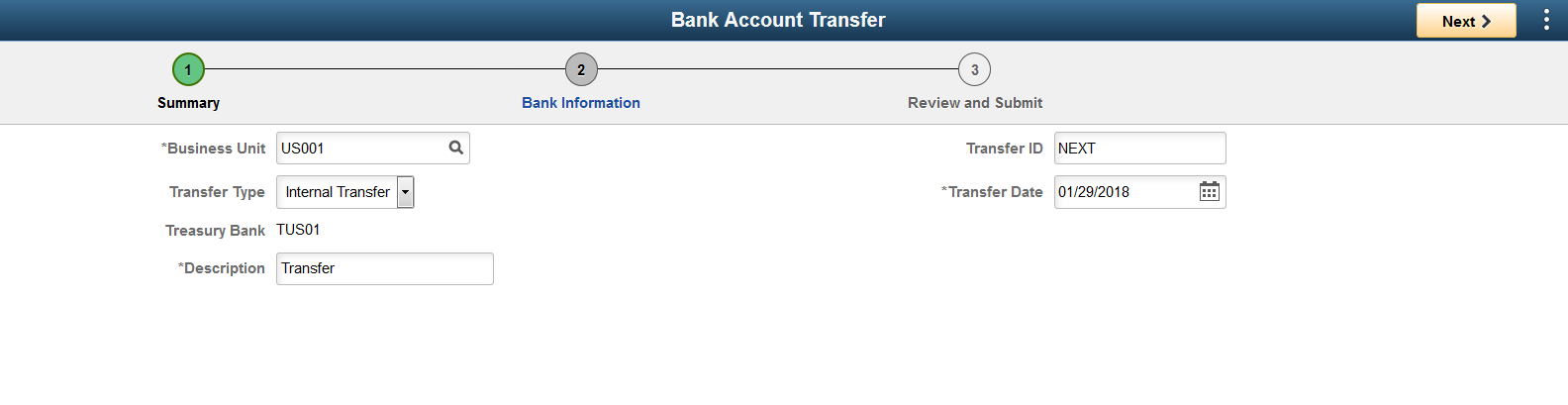 Internal Bank Account Transfer Summary Page