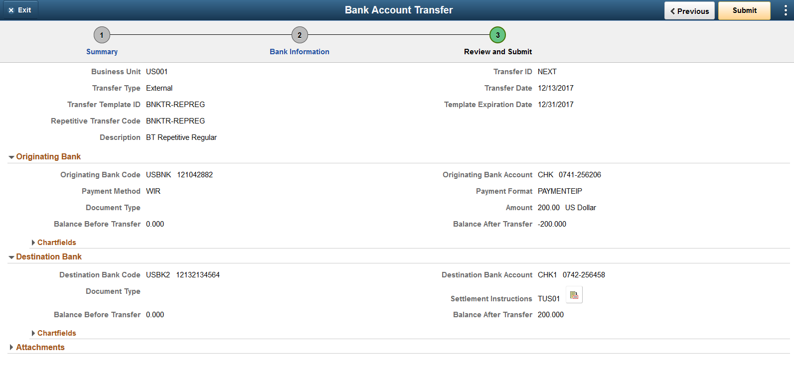 Bank Account Transfer - Review and Submit Page
