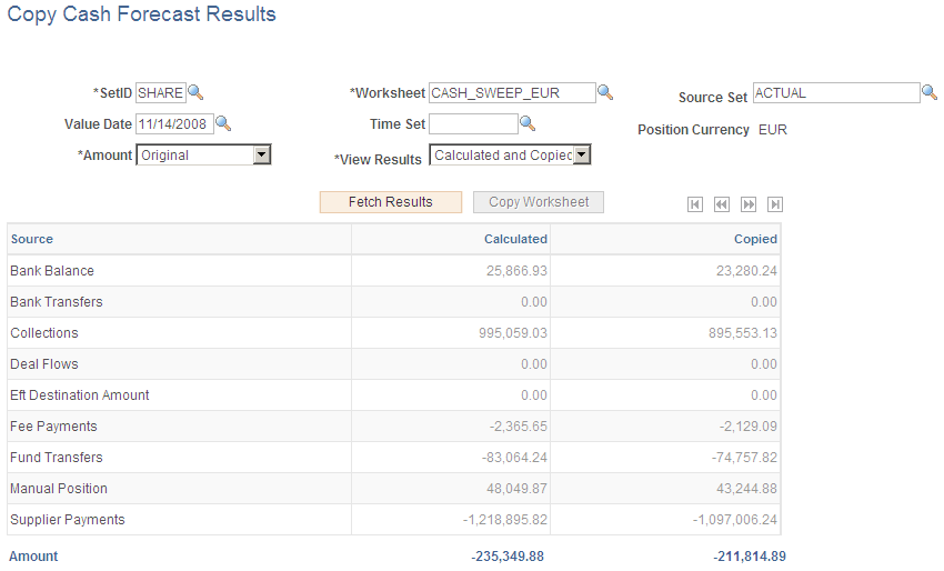 Copy Cash Forecast Results page with calculated and copied results