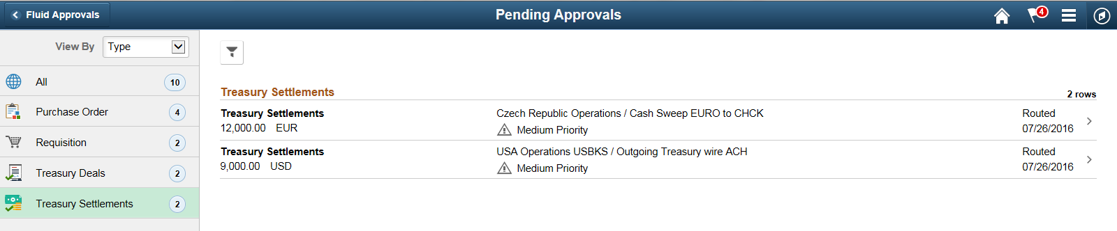 Treasury Settlements - Pending Approvals page (LFF)
