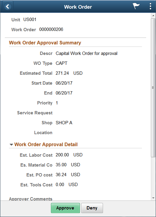 Work Order Page on a Smartphone