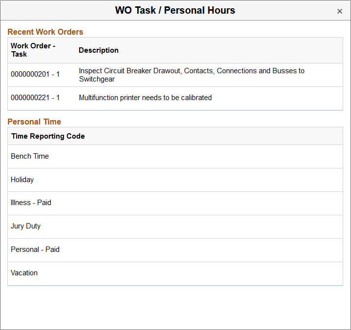 Work Order Task/Personal Hours page