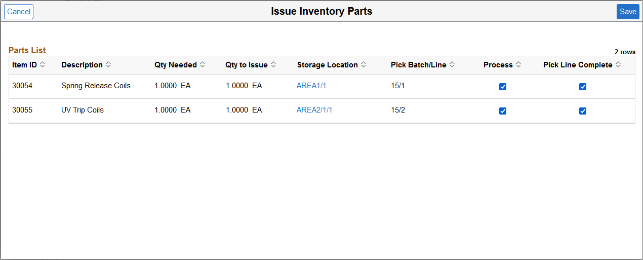 Issue Inventory Parts page