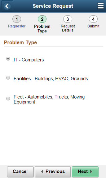 Service Request - Problem Type Page (1 of 4) - Phone
