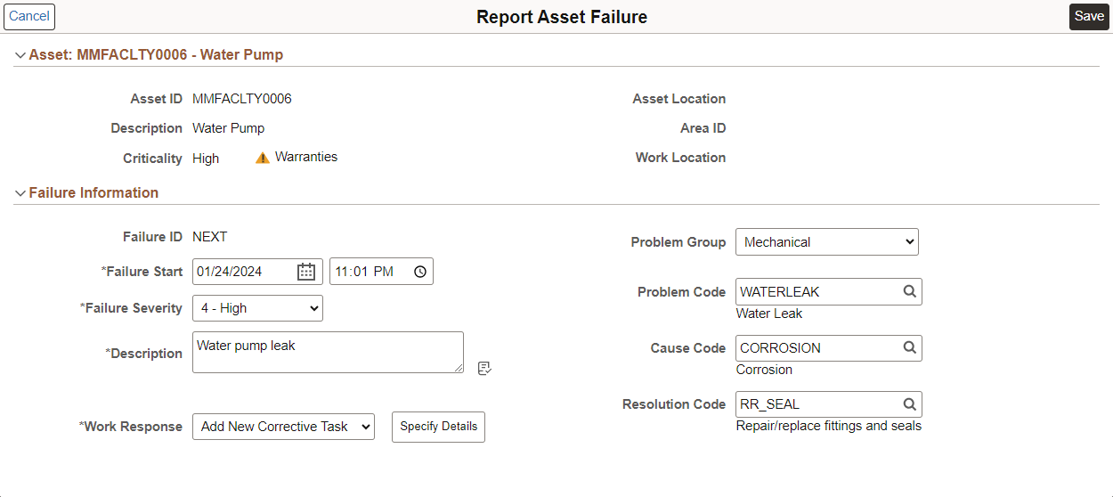 Report Asset Failure page