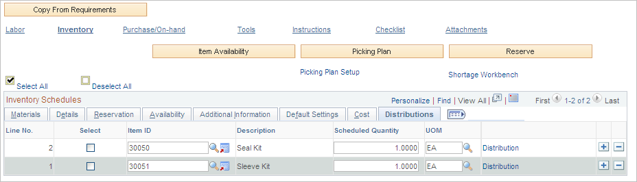 Inventory Schedules Distributions tab on Schedules page