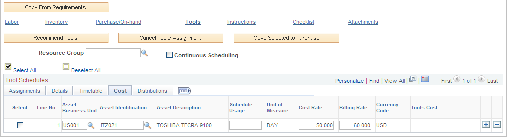 Schedules page - Tool Schedules Cost tab
