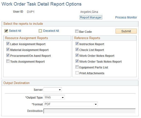 Work Order Task Detail Report Options page