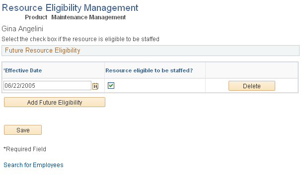 Resource Eligibility Management page