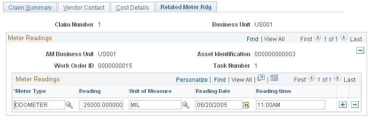 Warranty Claim - Related Meter Readings page