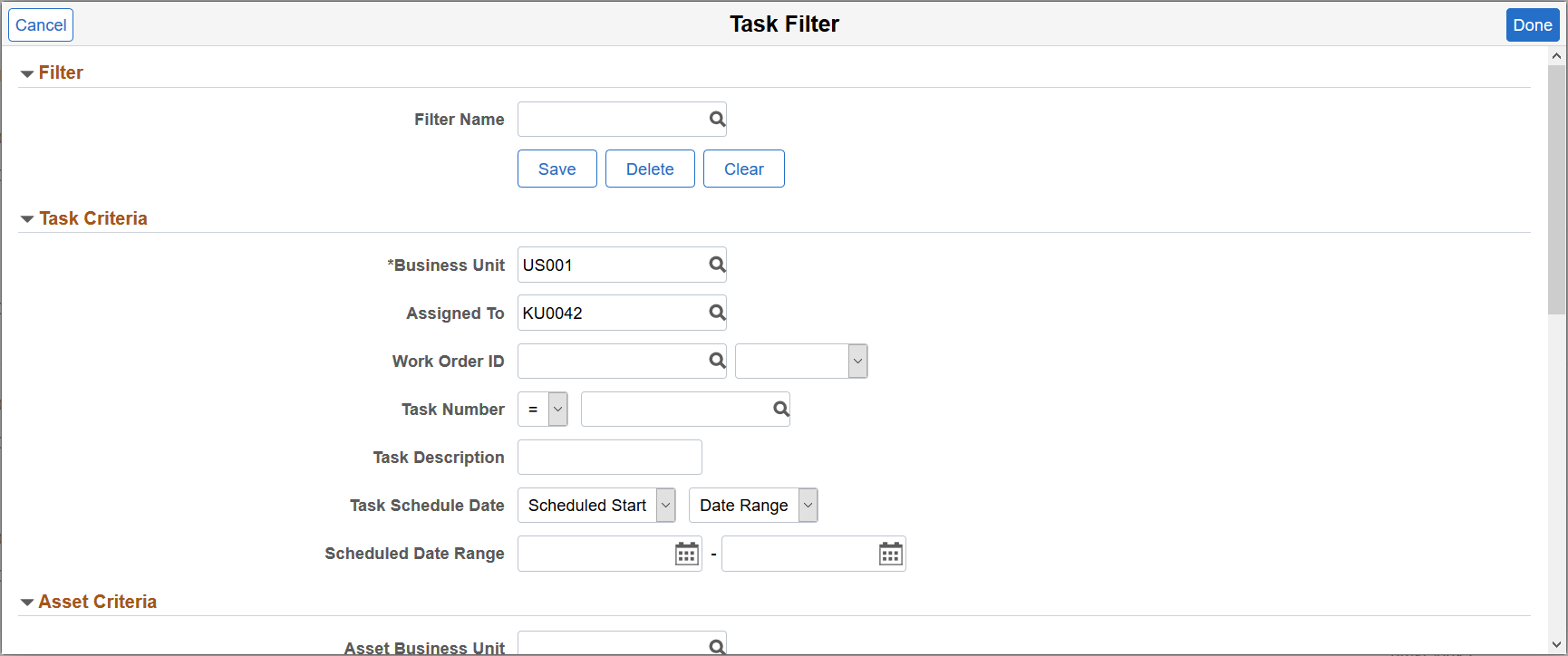 My Tasks - Task Filter page