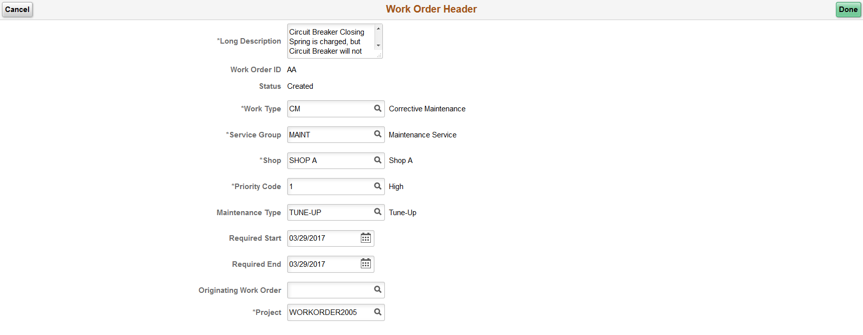 Work Order Header Information