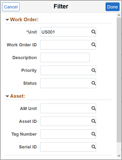 Quick Work Order - Filter Work Orders page