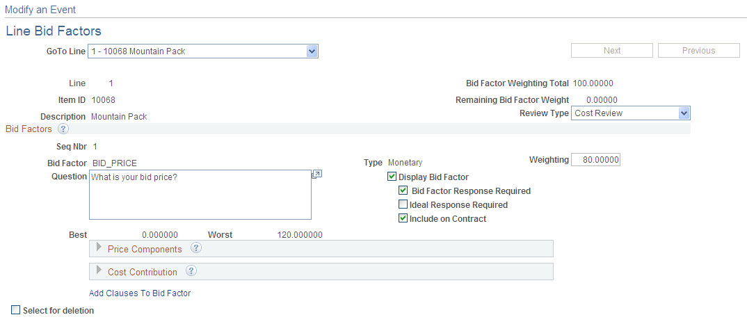 Modify an Event - Line Bid Factors page during split analysis collaboration (1 of 2)
