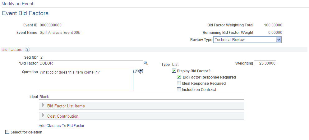 Modify an Event - Event Bid Factors page during split analysis collaboration (1 of 2)