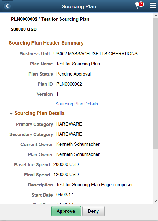 Sourcing Plans page as displayed on a smartphone